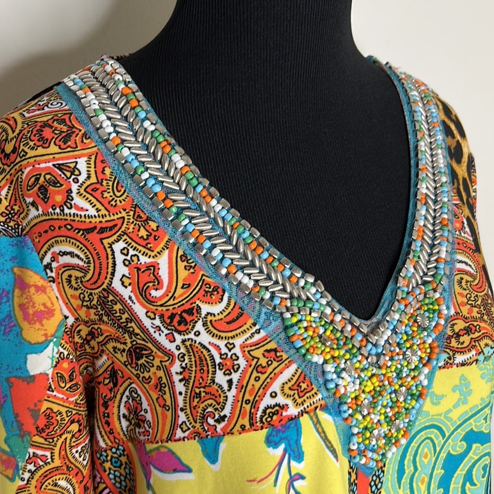 MELISSA PAGE Embellished Print Bell Sleeve Top S - Picture 4 of 8